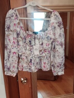 J. Crew White Floral Peplum Blouse with Pink and Purple Accents